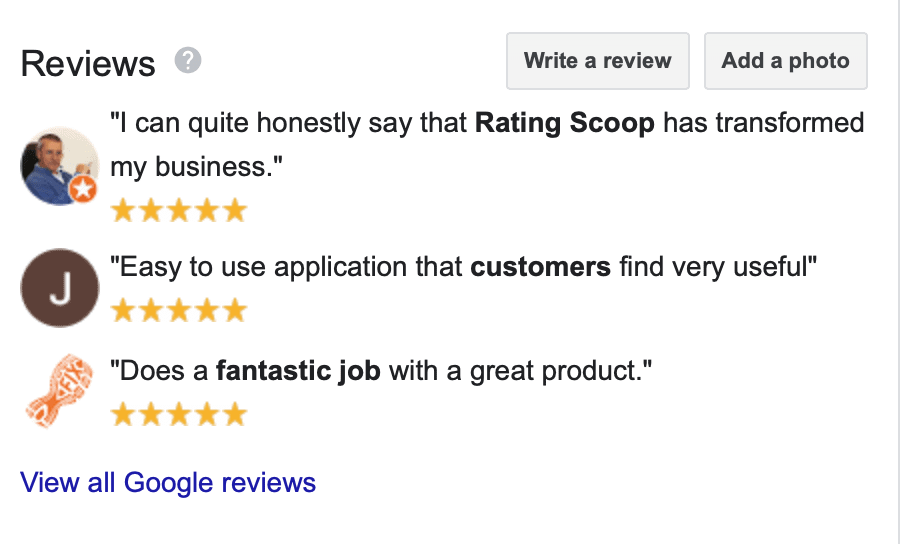 Google review panel stars