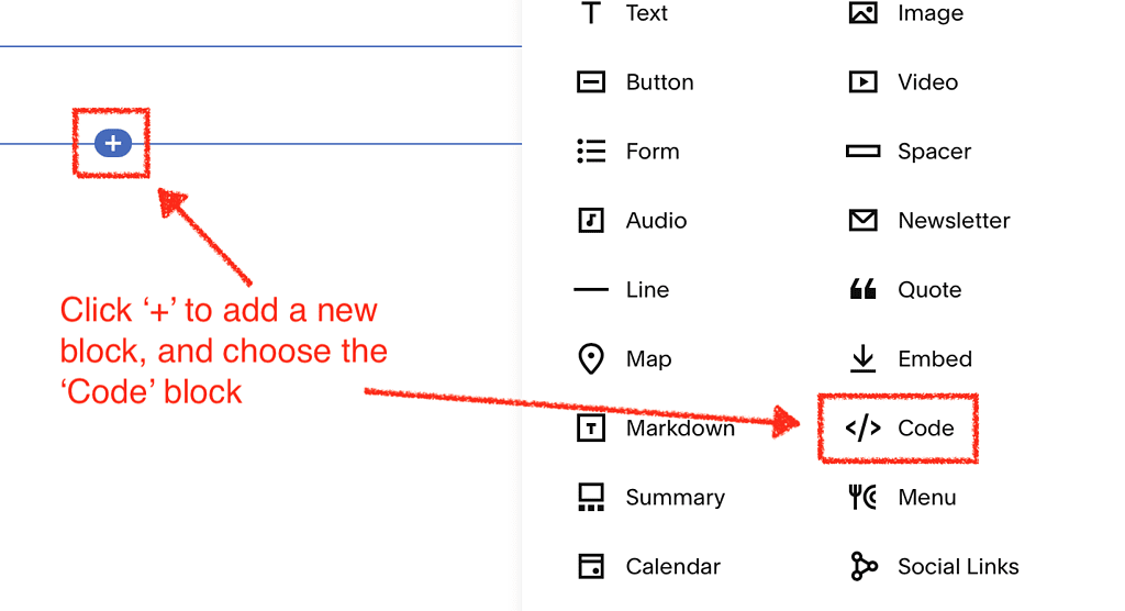 Add a code block to your squarespace page