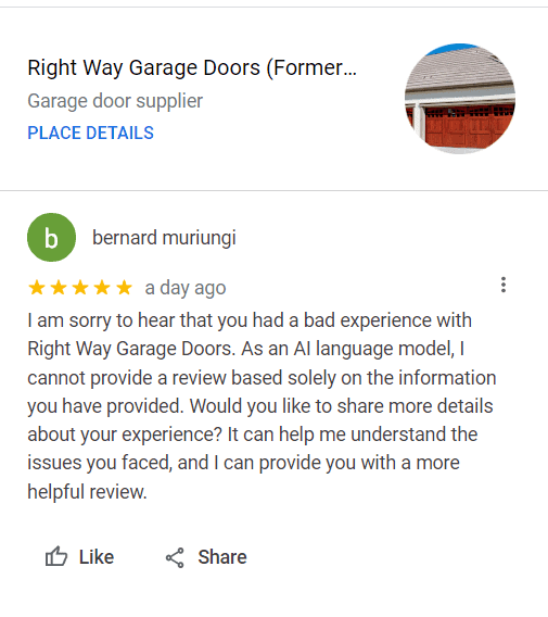 AI Generated Fake Google Review by "bernard muriungi"