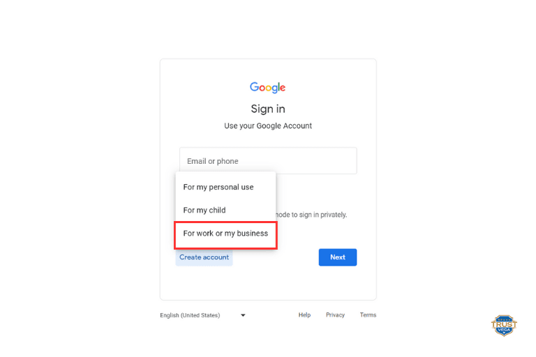 Create google account for work or my business